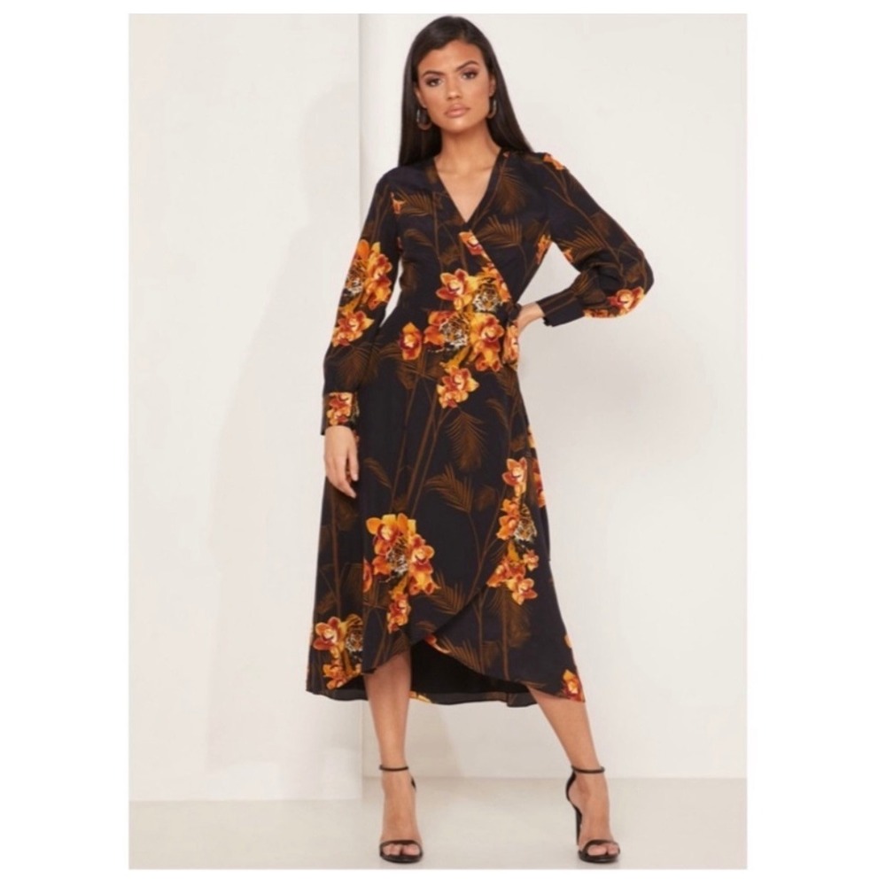 TED BAKER Stela Tiger Orchid Floral Silk Wrap Dress Dark Romantic Black Sz 2